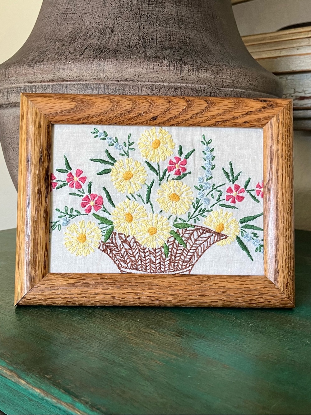 Vintage Embroidery Basket of Flowers Floral Wood Frame